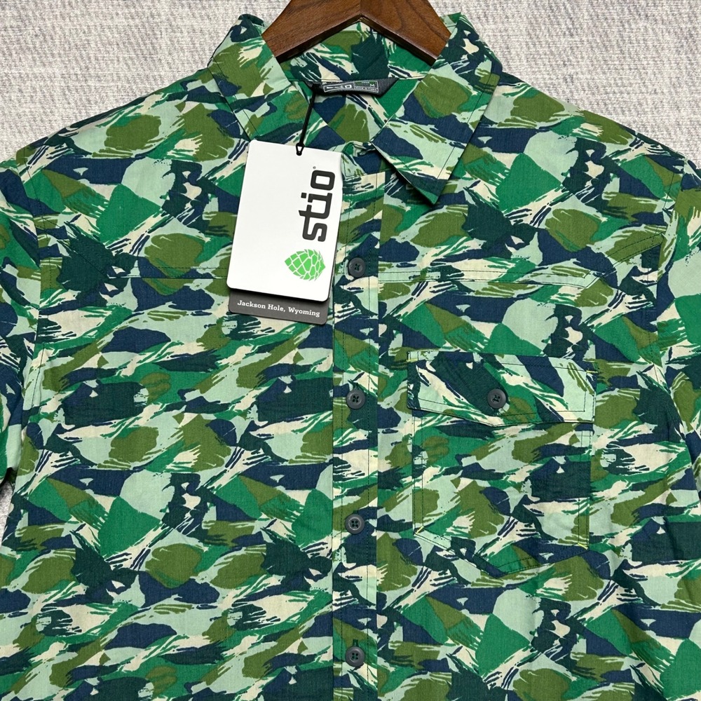 Stio Curtis Camp Shirt Green Lakeside Pine Brushstroke Camo Short Sleeve Mens M - Picture 5 of 11